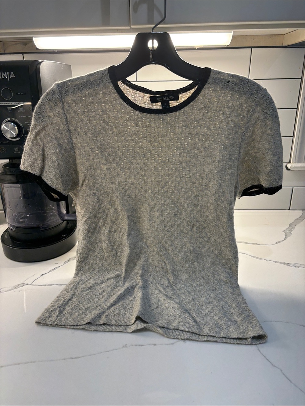 Emanuel Ungaro Heather Gray Short-Sleeve Knit Top with Black Trim